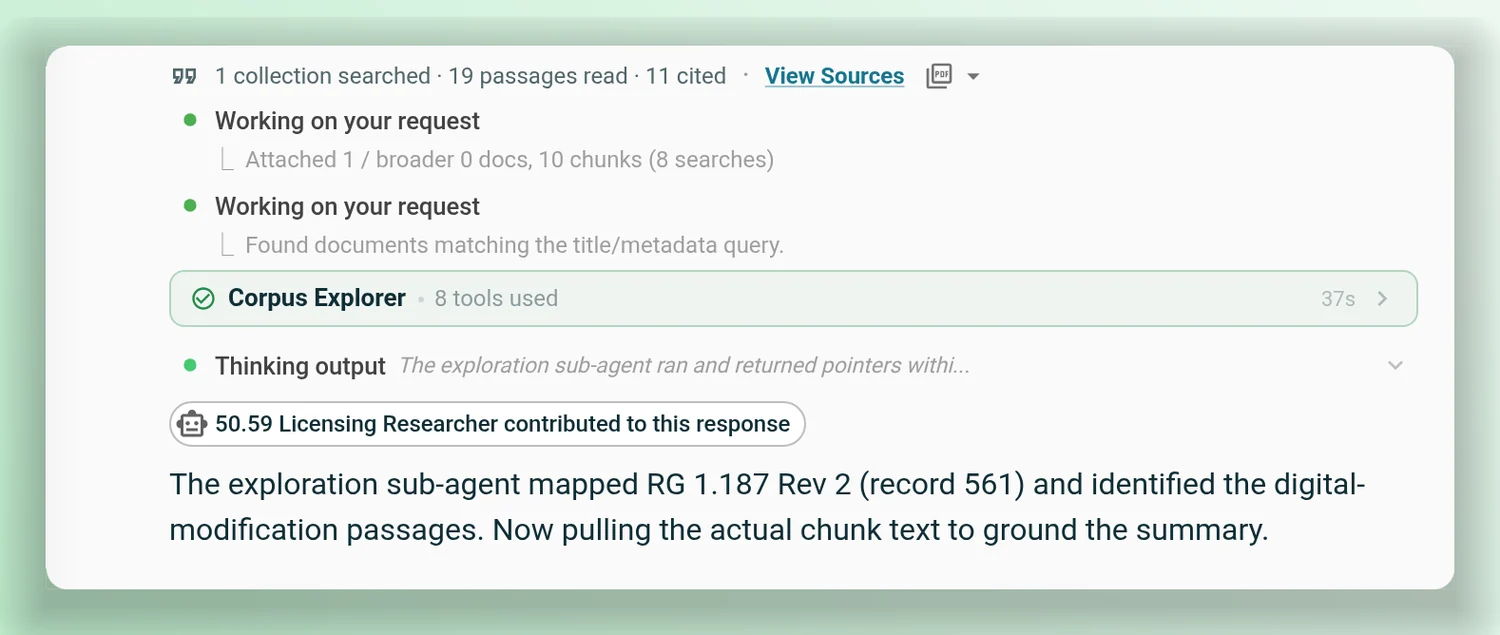 An AtomAssist conversation handing a read of RG 1.187 Rev 2 to the Corpus Explorer sub-agent, which used eight tools, then picking up from what it found.
