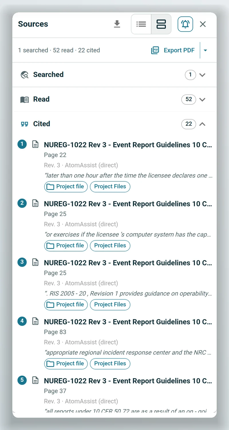 The Sources panel for the same answer: one collection searched, 52 passages read and 22 cited, with the document and page for each citation.