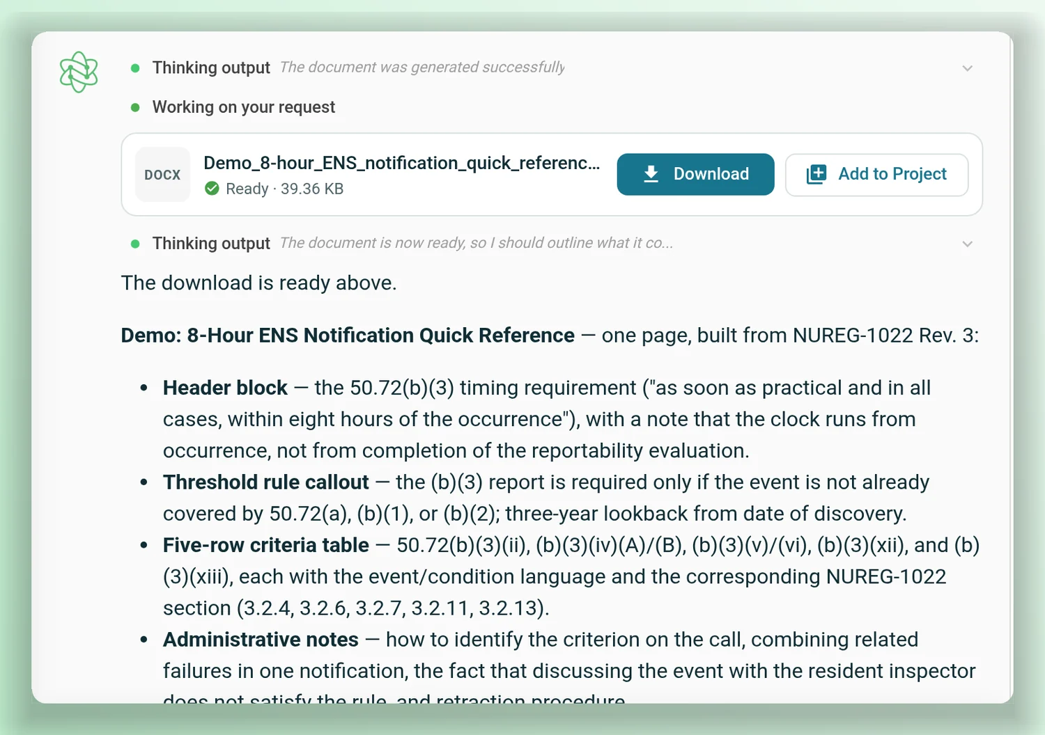 An AtomAssist conversation ending with a drafted Word document, a one-page 8-hour ENS notification quick reference built from NUREG-1022, ready to download or add to the project.