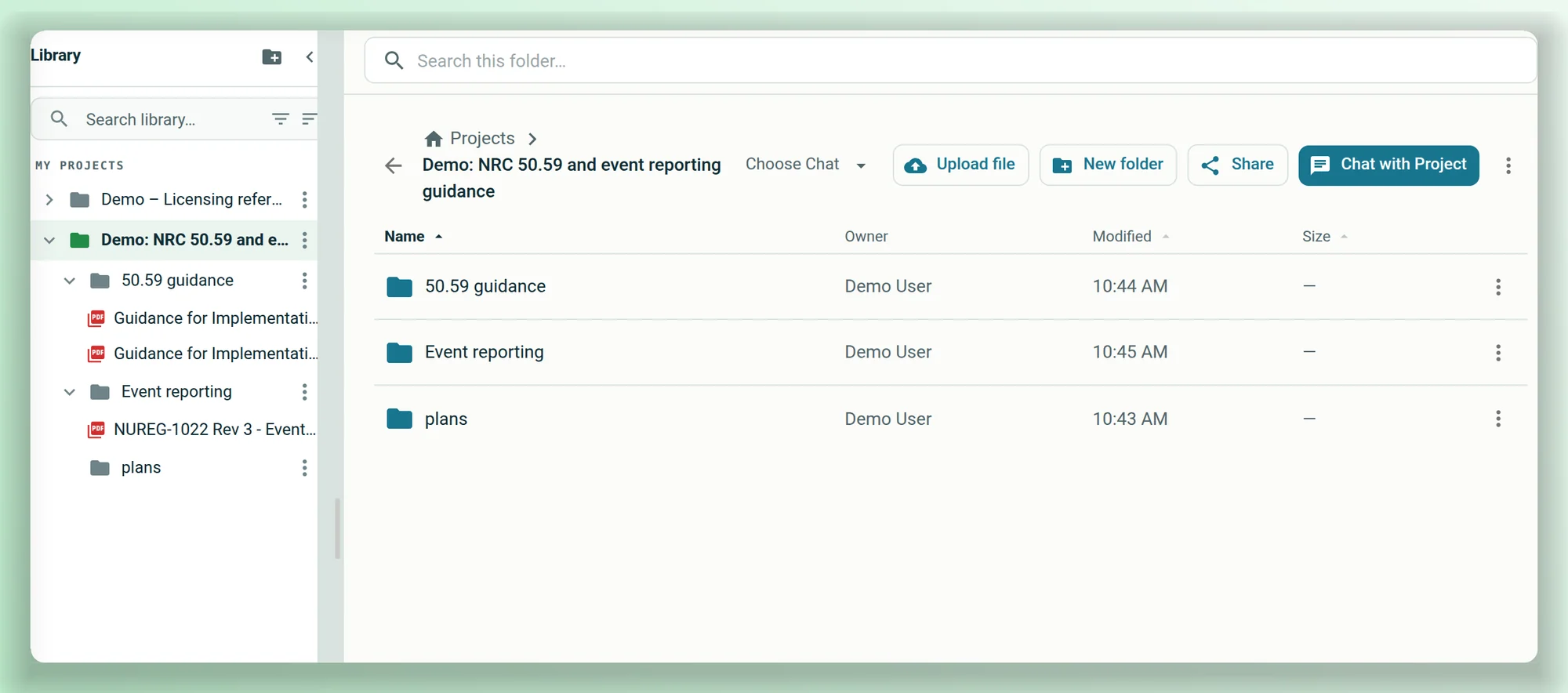 A demo AtomAssist project holding public NRC guidance in folders, with buttons to upload files, add folders, share the project and chat with it.