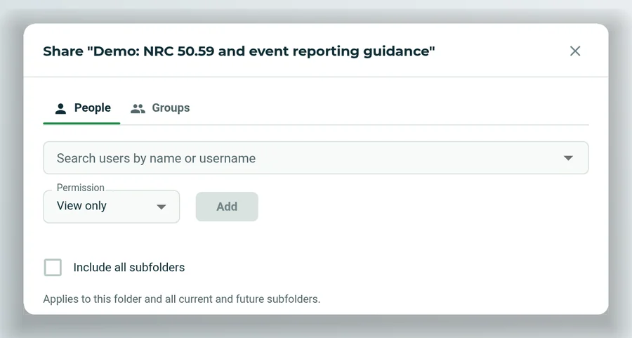 The project's share dialog: add people or groups with view-only rights, and include all subfolders.