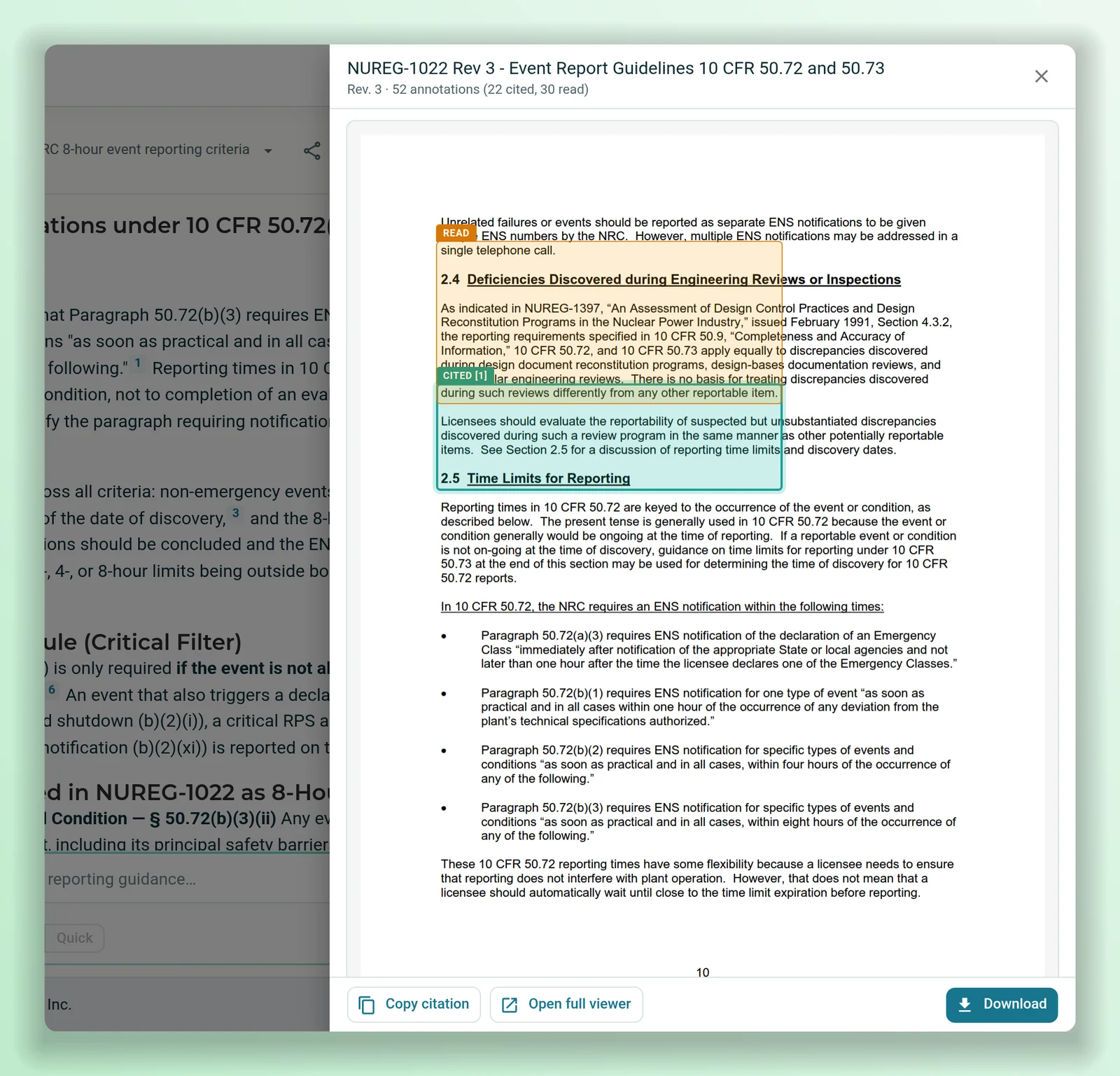 NUREG-1022 opened from a citation in an AtomAssist answer, with the passages it read and the one it cited highlighted on the page.