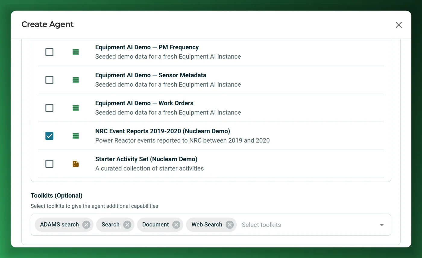 The Create Agent dialog in AtomAssist, choosing the demo datasets the agent may search and its toolkits: ADAMS search, Search, Document and Web Search.